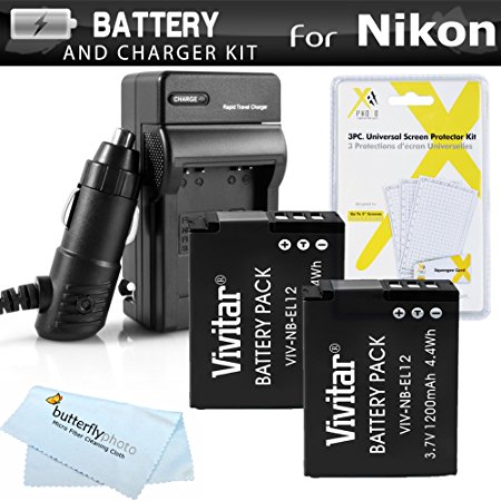 2 Pack Battery And Charger Kit For Nikon COOLPIX S9900, A900, S9500, P310, S9300 S6300, S9200 P330 P340, AW120, AW130, S9700 Digital Camera Includes 2 Replacement EN-EL12 Batteries   Ac/Dc Charger