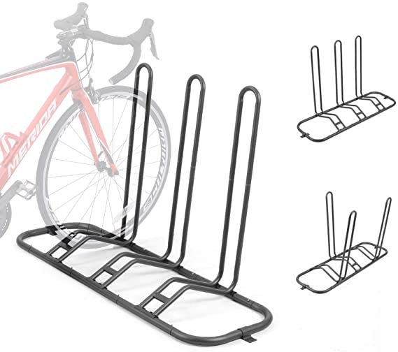 Ikkle Bike Parking Stand, Bike Rack Bicycle Floor Parking Stand for 3 Bikes, Adjustable Dual Purposes Bike Storage Holder for Garage, 2 Extra Floor Anchor Brackets Available, Indoor and Outdoor Use