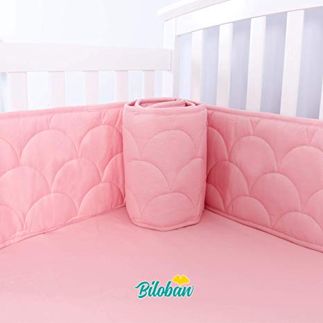 Crib Bumpers Pads for Baby, Breathable Machine Washable Baby Crib Bumper Liners for Girls, Safe & Soft Baby Crib Padding 4 Pieces/Set, Pink