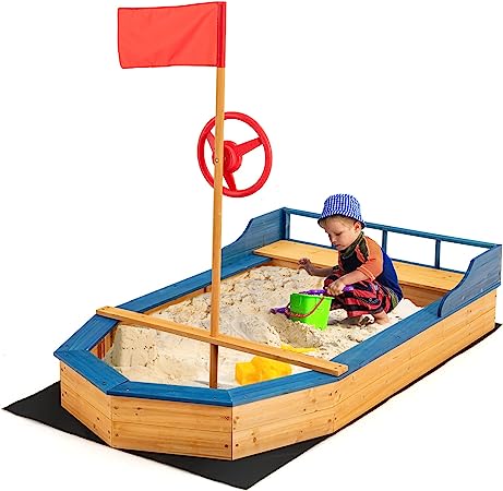 Costzon Pirate Boat Wood Sandbox for Kids, Wooden Pirate Sandpit w/Bench Seat, Storage Space, Ground Liner, Realistic Flag&Rudder, Children Outdoor Playset for Backyard, Home, Lawn, Garden