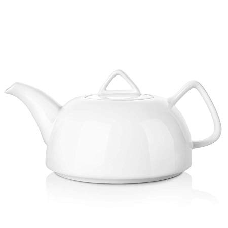 DOWAN Ergonomic Porcelain Teapot, 30 Ounces Tea Pot with Strainer Holes on Lid for Loose Leaf and Tea Bags, Set of 1, White