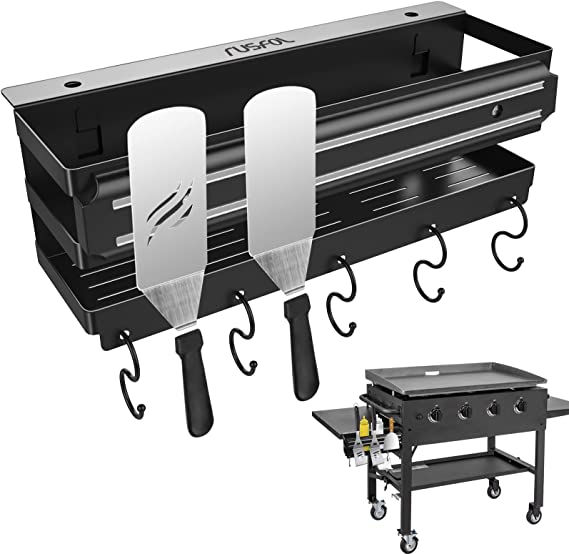 RUSFOL Stainless Steel Griddle Caddy with Magnetic BBQ Utensils Strip for 28"/36" Blackstone Griddles, with a Allen Key, Space Saving BBQ Accessories Storage Box, Free from Drill Hole&Easy to Install