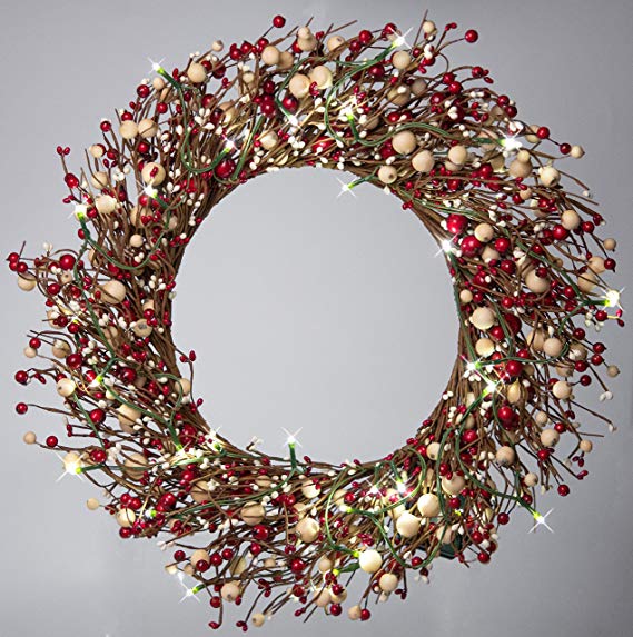22 Inch Light-Up Christmas Wreath with Red Pip Berries, Battery Operated LED Lights with Timer