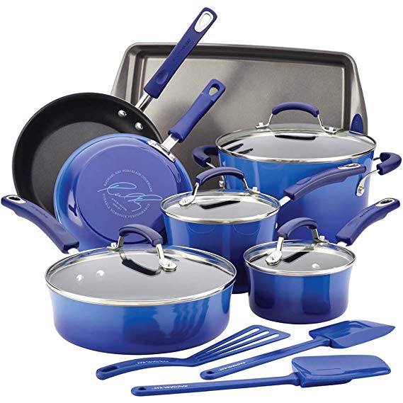 Rachael Ray Hard Porcelain Enamel Nonstick Cookware Set, 14-Piece, Blue Gradient