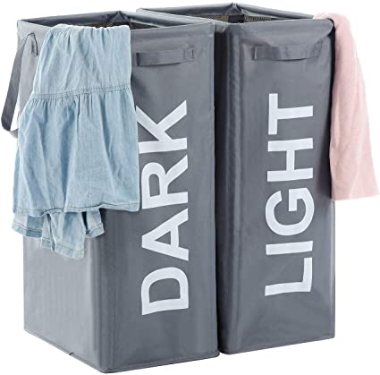 ALINK 26" Tall Slim Laundry Basket with Handles, 2Pcs/Set 130L Extra Large Thin Foldable Waterproof Double Laundry Hamper Bag Bin for Dirty Clothes Storage - Grey(XXL)