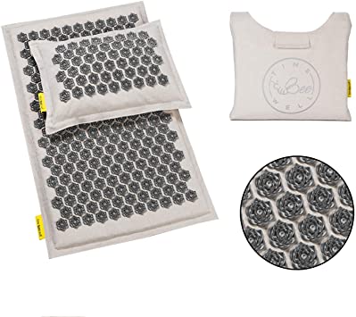 TimeBeeWell Eco-Premium Linen Coconut Acupressure Mat and Pillow Set - Back and Neck Pain Relief -Relieves Stress, Back, Neck, Sciatic Pain Muscle Relaxant - Comes in a Carry Bag for Storage Travel