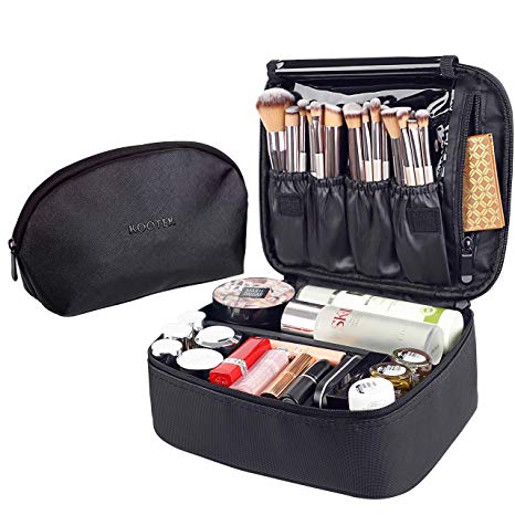 Kootek 2 Pack Travel Makeup Bag - PU Makeup Train Case & Handy Cosmetic Pouch Portable Toiletry Organizer with Adjustable Dividers for Makeup Tools Cosmetics Jewelry Digital Accessories