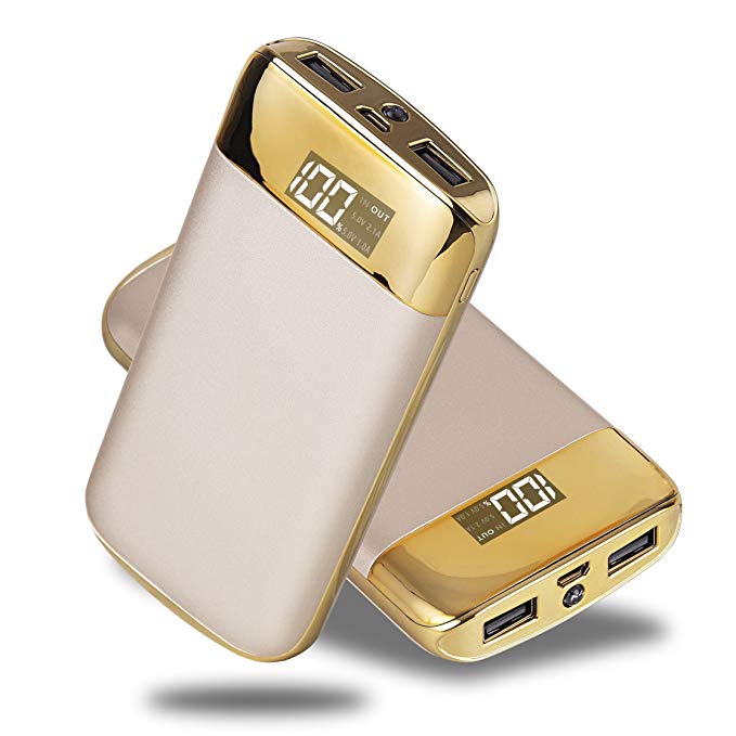 KRECOO 15000mAh Protable Charger Power Bank 2.1A High-Speed Charging Pocket-Size External Battery Pack 2 USB Ports LED Flashlight Ultra Compact Moible Charger Compatible iPhone,Samsung,Android,iPad&More(Gold)