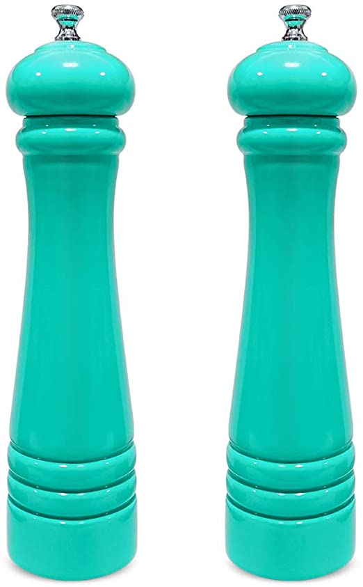 Salt and Pepper Grinder Set, USFY Wooden Sea Salt Pepper Mill Refillable Shakers with Funnel Pioneer Ceramic Rotor Precision Kitchen Gift for Woman Mom Families - Teal / Mint Green, 10 inches
