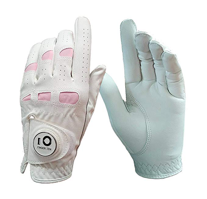 FINGER TEN Women’s Leather Golf Glove Ball Marker Extra Grip Value Pack, Left Right Hand Pink Fit Woman Girl, Size Small Medium Large XL