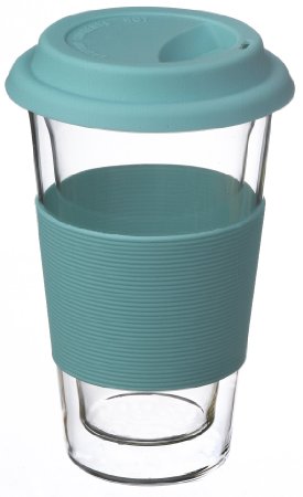 GROSCHE Glassen BLUE hand made double walled glass insulated travel coffee mug, 350 ml (11.8 fl oz)