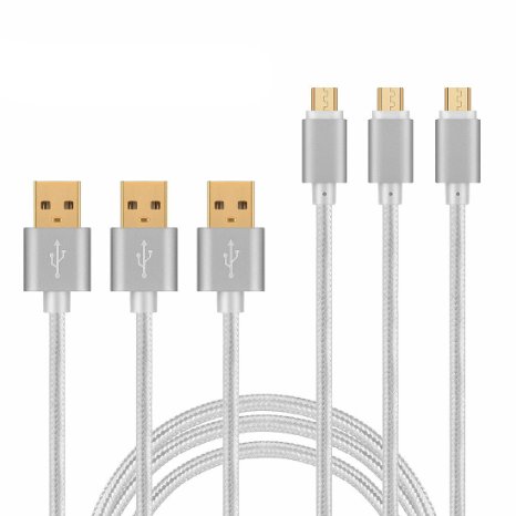 [Gold Plated] Micro USB Cable Pack 3 Nylon Braided High Speed Premium USB Charging Cable Cord for Android Phone Quick Rapid Wall Charger Samsung Galaxy S4 S6 S7 Edge Note Tab Pro 3 4 S LG G4 (Silver)