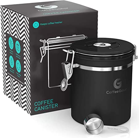 Coffee Gator Stainless Steel Coffee Grounds and Beans Container Canister with Date-Tracker, CO2-Release Valve and Measuring Scoop, Medium, Black