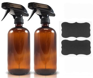 Amber Spray Bottles 16oz with Reusable Chalk Labels (2 Pack), Heavy Duty Mist and Stream Sprayer