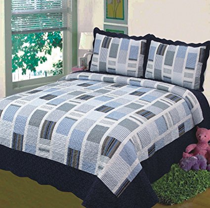 Fancy Collection 3pc Bedspread Bed Cover White Navy Squares (Twin)