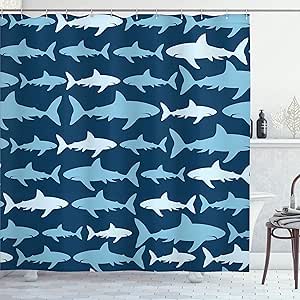 Ambesonne Sea Animals Shower Curtain, Monochrome Shark Illustration Fashion Maritime Illustration Aquatics, Cloth Fabric Bathroom Decor Set with Hooks, 69" W x 75" L, Azure Blue