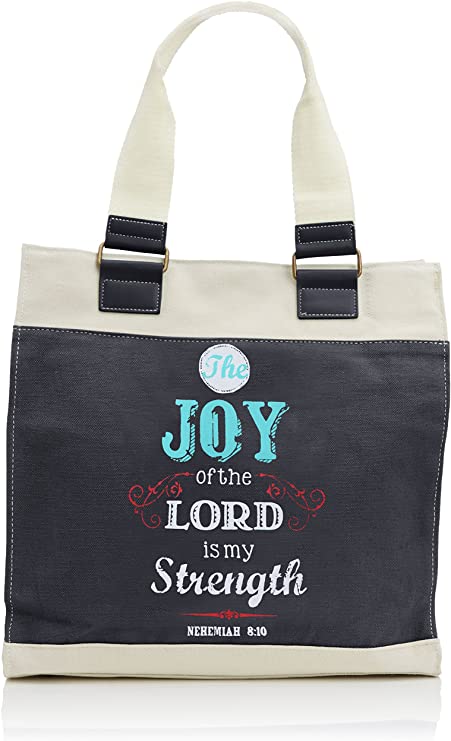 Chrstian Art Gifts Navy Retro Canvas Tote Bag Joy of The Lord Nehemiah 8:10 Magnetic Closure Heavy Cotton Canvas Lined Handbag for Women