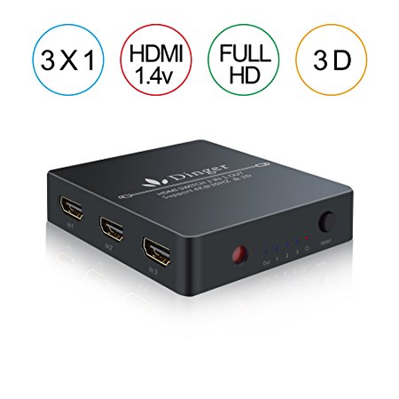 Dinger HDMI Switch, 3 Port HDMI Switch with IR Wireless Remote Control and AC Power Adapter, HDMI Switches Supports 4K, 1080P, 3D