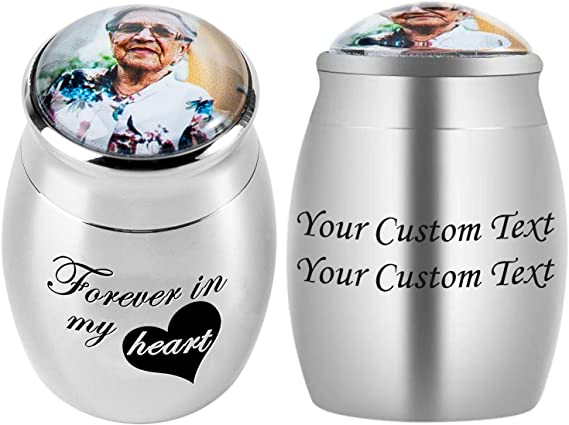Bivei Personalized Mini Keepsake Urns - Custom Photo&Text Urn for Human Ashes Waterproof Decorative Cremation Funeral Urns Extra Small Ashes Holder(Forever in My Heart)