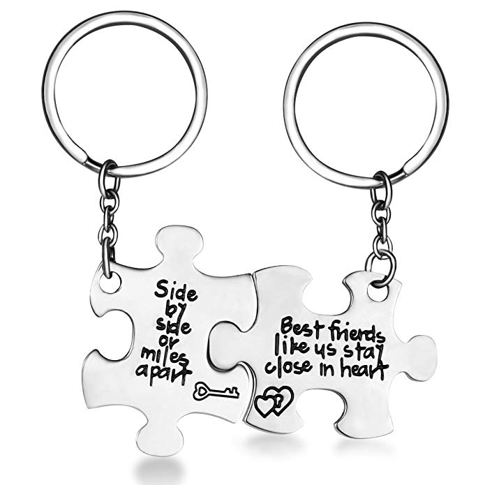 CJ&M Stainless Steel Side By Side Or Miles Apart Best Friends Necklaces Set / keychain Set,Friendship Gifts Jewelry