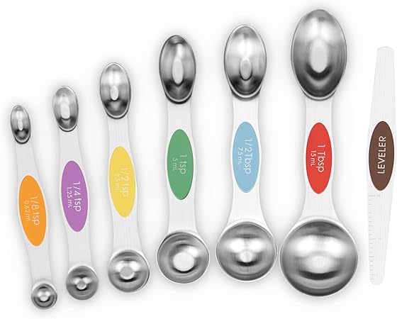 Aovchei 7 PCS Magnetic Measuring Spoons Set, Dual Sided, Stainless Steel Small Tablespoon, Teaspoons, Fits in Spice Jars, for Dry and Liquid, MultiColor