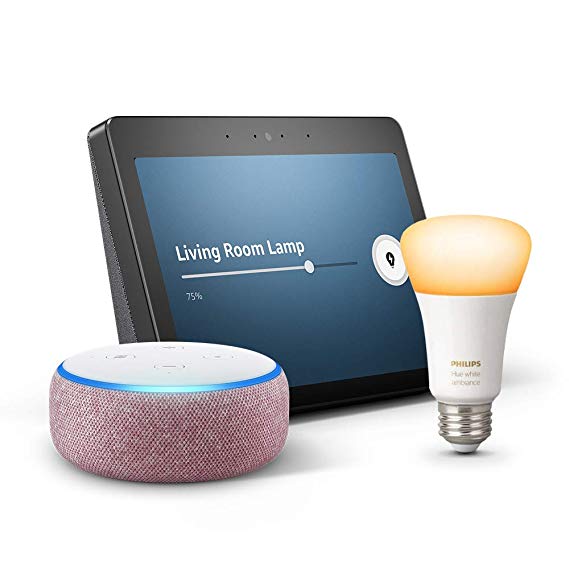 Echo Show (2nd Gen)-Charcoal with Echo Dot (Plum) and Philips Hue Bulb