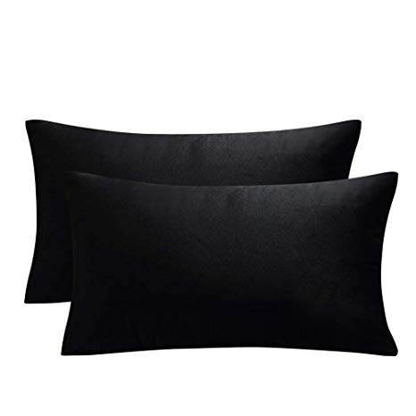 JUSPURBET Decorative Lumbar Pillow Covers,Pack of 2 Velvet Throw Pillow Covers for Couch Bed Sofa,Soild Color Soft Pillow Cases,12x20 Inches,Black