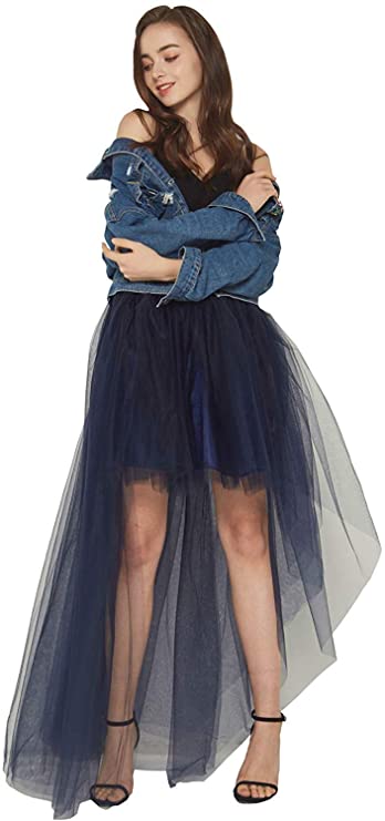 Women's High Low 4 Layers Long Overlay Tulle Skirt Adult Tutu for Evening Party