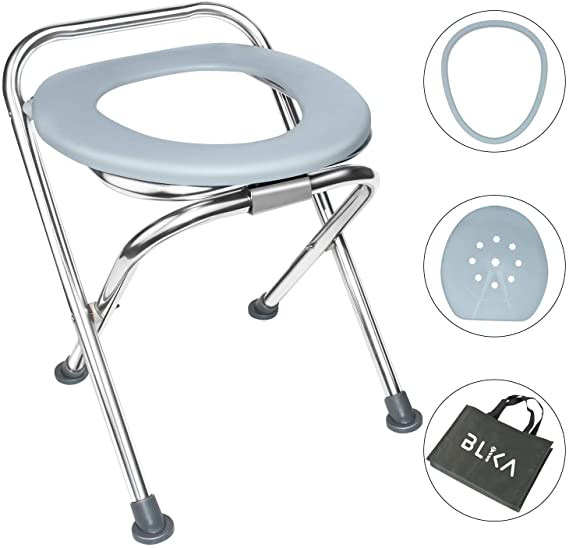 BLIKA 16.5" High Stainless Steel Folding Portable Toilet Seat, Outdoor Portable Toilet with Lid, Carry Bag and Plastic Ring, Camp Toilet Seat Perfect for Camping, Boating, Traveling & Roadtripping