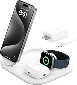 Belkin MagSafe Charger Compatible 3-in-1 Magnetic Foldable Charger 15W - BoostCharge Qi2-Certified Wireless Charger, Apple iPhone 15, Apple Watch, AirPods w/Non-Slip Base, PSU Included - White