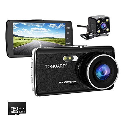 TOGUARD Dual Lens Dash Cam(32GB Card Included) Front and Rear Recording ATST, Night Vision,4.0'' IPS Screen,HD 1080P Car Dash Camera, Rearview Backup Camera,170 Degree Wide Angle, WDR, Loop Recording, G-sensor, Parking monitor