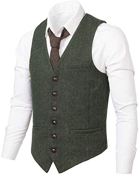 VOBOOM Men's Slim Fit Herringbone Tweed Suits Vest Premium Wool Blend Waistcoat