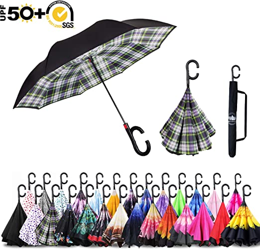 ABCCANOPY Inverted Umbrella,Double Layer Reverse Windproof Teflon Repellent Umbrella for Car and Outdoor Use, UPF 50  Big Stick Umbrella with C-Shaped Handle and Carrying Bag