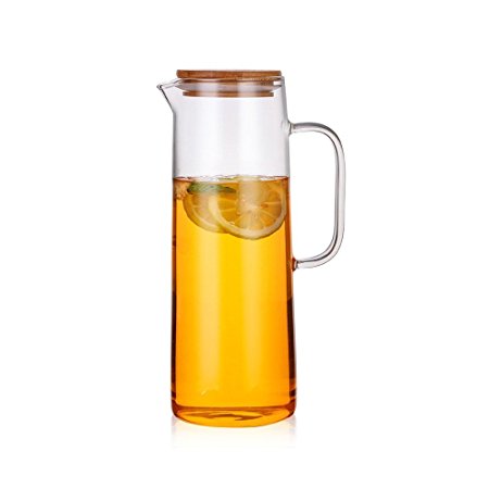 Jomop Borosilicate Glass Iced Tea Pitcher Fruit Infused Water Juice Iced Tea Kettle (Bamboo, 1.3 qt)