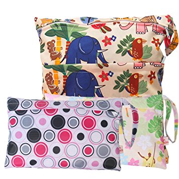 KF Baby Waterproof Cloth Diaper Travel Wet Dry Bag, Small Large Combo, Set of 3