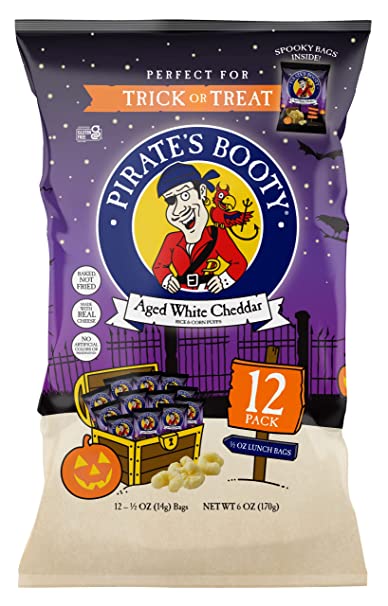 Pirate Brands Pirate's Booty Cheese Puffs, Halloween Themed Healthy Kids Snacks, Aged White Cheddar, 12-pack of .5oz Trick or Treat Sized Bags, 10.08 Ounce