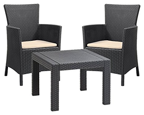 Allibert by Keter Rosario Outdoor 2 Seat Rattan Balcony Garden Furniture Set - Graphite with Cream Cushions