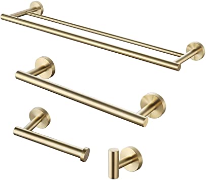 Kenivix 4-Piece Bathroom Hardware Set Double Towel Bar Toilet Paper Holder Robe Hook Hand Towel Bar Stainless Steel Wall Mount Accessories Set Brushed Gold