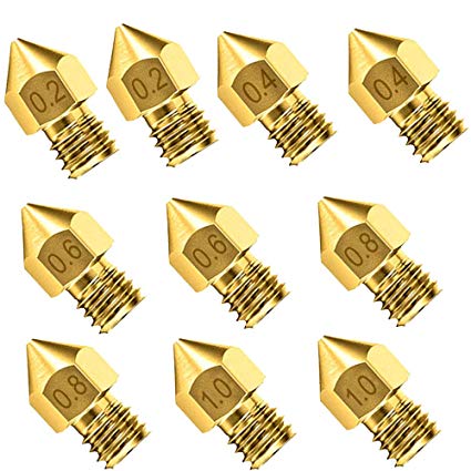 10PCS Cr-10 Nozzle, Upgrade Wear Resistant MK8 Nozzles, Brass 3D Extruder Nozzle for 3D Printer Makerbot Creality CR-10 (0.2 mm, 0.4mm, 0.6mm, 0.8mm, 1mm)