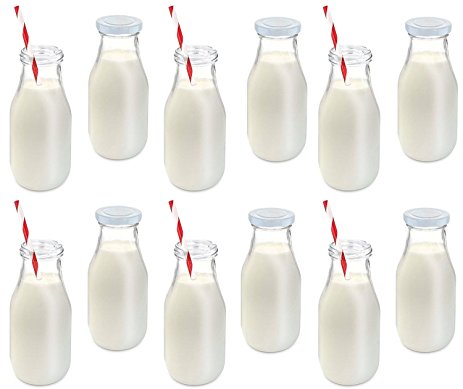 Premium Vials, 11 Oz Glass Milk Bottle Set of 12 - Includes Reusable White Lids and Straws (12)