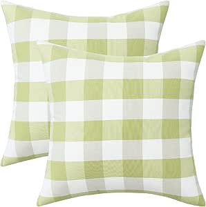 VOGOL Set of 2 Farmhouse Buffalo Check Throw Pillow Covers, Polyester Linen Green & White Plaid Cushion Case for Living Room Bedroom Home Decor, 18 x 18 Inches