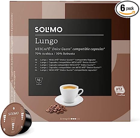 Amazon Brand - Solimo Lungo NESCAFÉ DOLCE GUSTO Compatible Coffee Pods, 96 Capsules - Rainforest Alliance Certified ,16 count (Pack of 6)