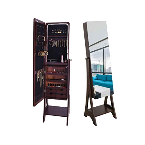 KEDLAN LED Jewelry Armoire Standing Lockable Jewelry Cabinet with Full-Length Mirror Large Storage 4 Drawers Dark Brown