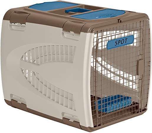 Suncast Portable Dog Crate with Handle for Small and Medium Dogs - Bowl Included - Stylish and Durable Portable Pet Carrier - Dogs up to 30 lbs. - Taupe and Blue