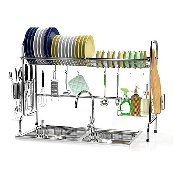 Over The Sink Dish Drying Rack, Ace Teah Large Capacity Stainless Steel Dish Rack Over Sink with Utensil Holder Hooks for Kitchen Counter Top, Silver