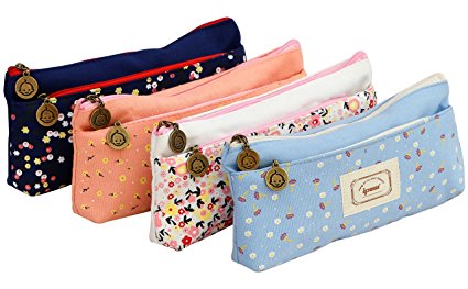 Ipow Set of 4 Pastorable Flower Floral Canvas Double Zipper Large Make Up Cosmetic Pen Pencil Stationery Storage Pouch Bag Case