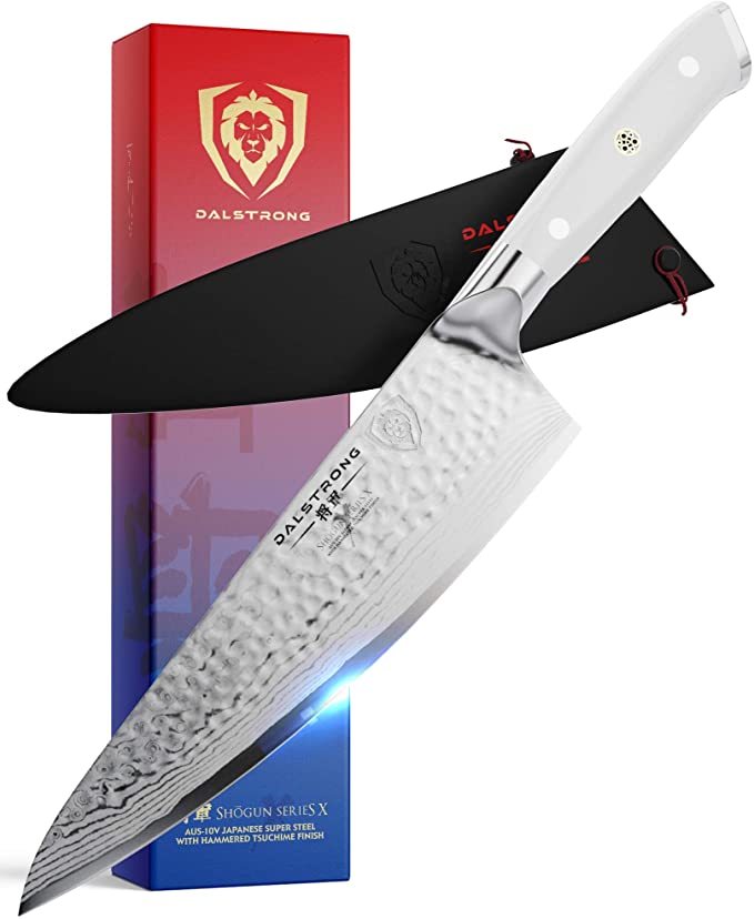 DALSTRONG Chef Knife - 8" - Shogun Series - Damascus - Razor Sharp - Japanese AUS-10V Super Steel - White Handle - w/Sheath