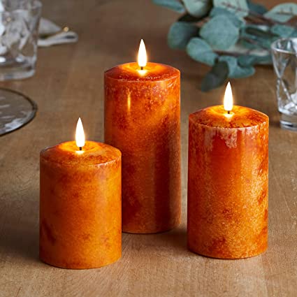 Lights4fun, Inc. Set of 3 TruGlow Mottled Orange Wax Flameless LED Battery Operated Pillar Candles with Remote Control