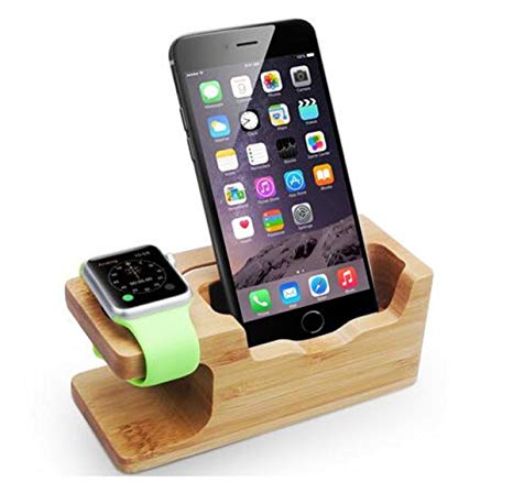 Update Version Bamboo Wood Charging Station Cell Phone Docking Stand Office Electronics Desk Organizer Mobile Phone Stand Holder Compatible for iPhone and Apple Watch Magnetic Charging Cable