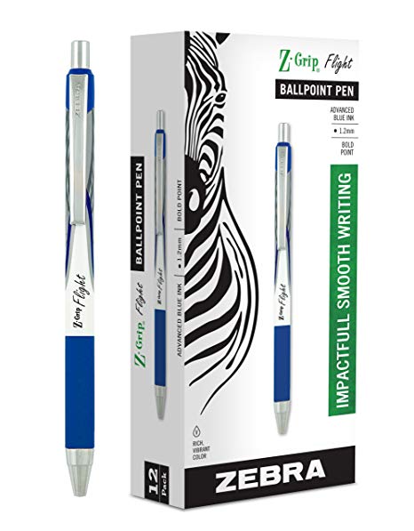 Zebra Pen Z-Grip Flight Retractable Ballpoint Pen, Bold Point, 1.2mm, Blue Ink, 12-Count